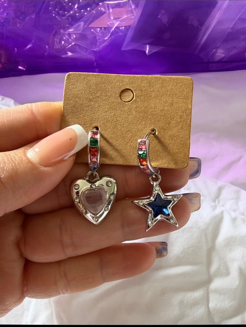 Silver Multi-Color Heart & Star Drop Earrings